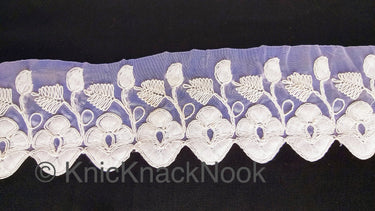White Tissue Fabric Trim With Embroidered Flowers, One Yard Lace Trims,